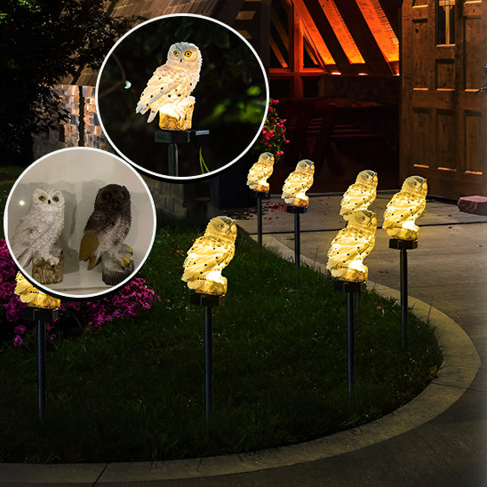 plusieurs Lampe solaire extérieur chouette marrons et jaunes , sur panneaux solairs ,Éclairage LED dans le jardin verdoyant  la nuit