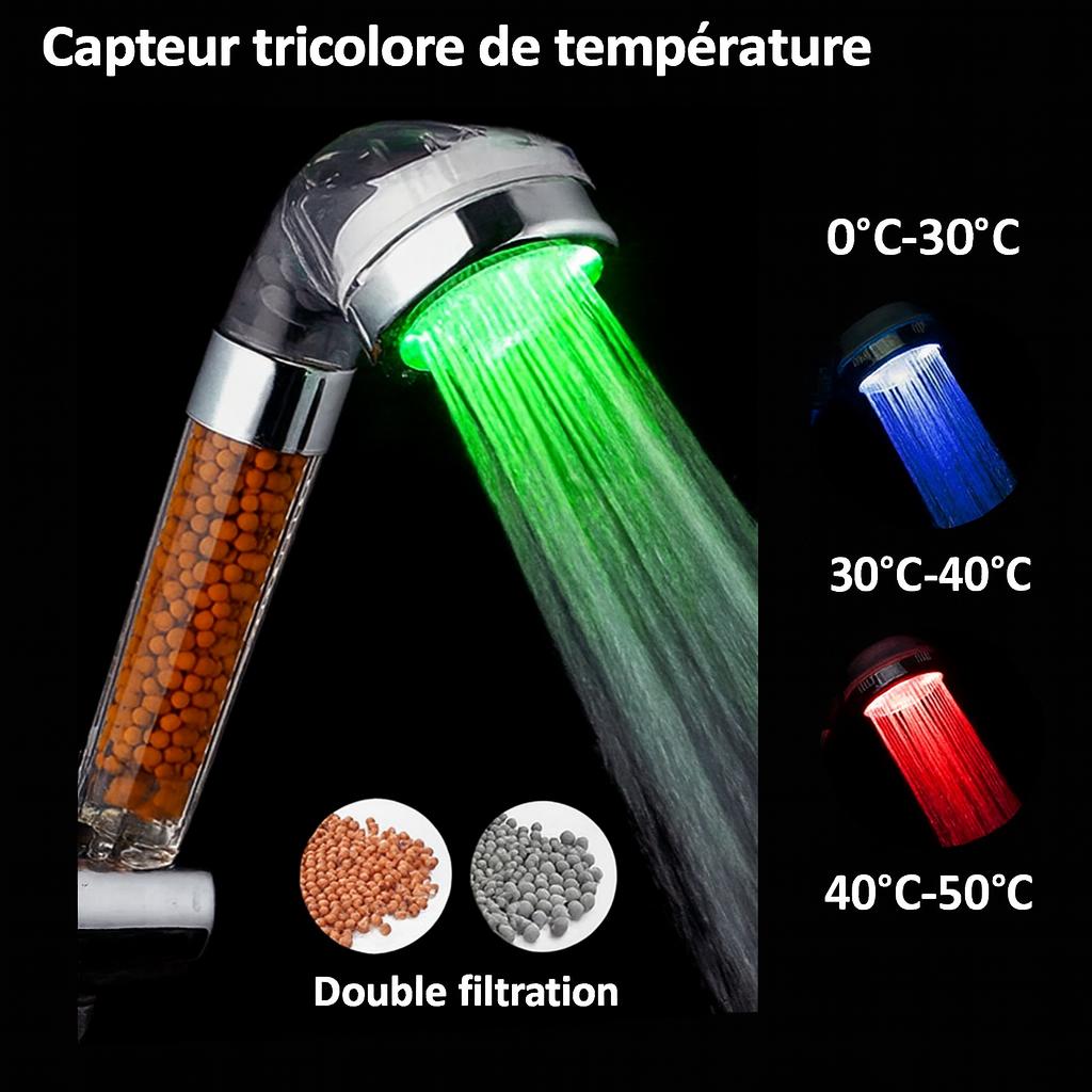 pommeau de douche led granulee marron orange capteur tricolore temperature