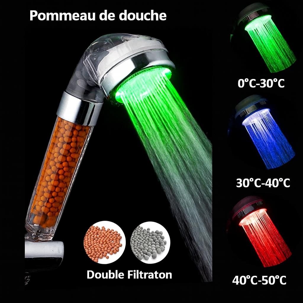 pommeau de douche led ,granulee orange gris ,capteur tricolore temperature, double filtration