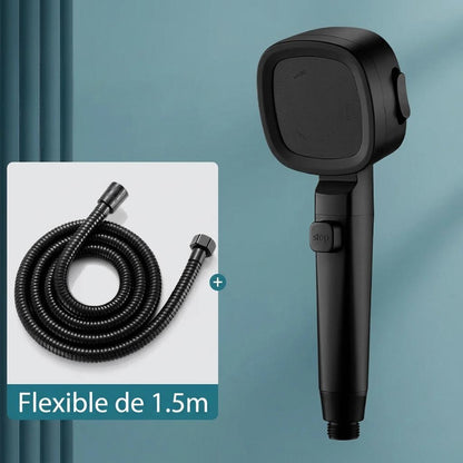 Pommeau de douche haute pression noir mat avec bouton Stop et flexible de douche 1,5m inclus