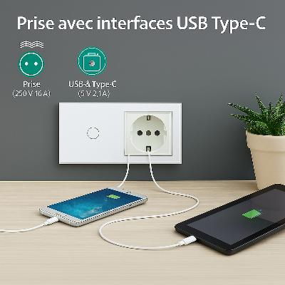 Prise interface USB-C Interrupteur tactile va et vient blanc  verre trempe mur salon blanc  bouton telephones charge