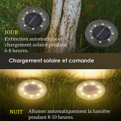 Quatre Lampe solaire exterieur , deux allumées autour d'un arbre dans le jardin, sur le gazon