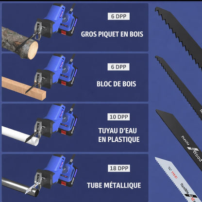quatre lames de Scie Sabre Sans Fil bleue coupe gros piquet en bois ,planche , tuyau en plastique et tube metallique 