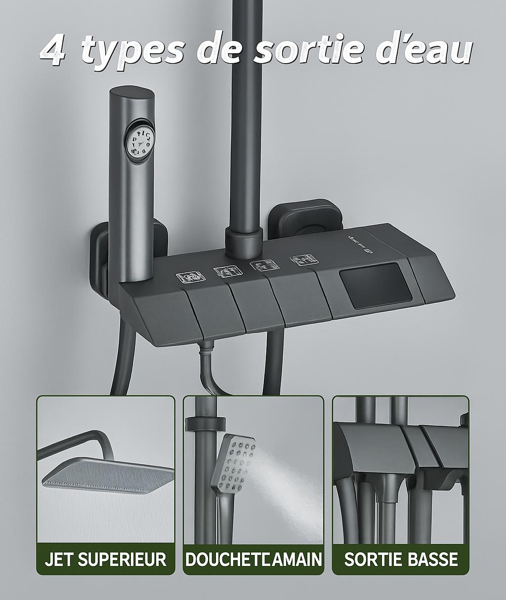 Colonne de douche |Système de Douche Thermostatique à Affichage Numérique – Colonne de Douche Pluie Style Piano Gris avec Mitigeur Digital & Bidet