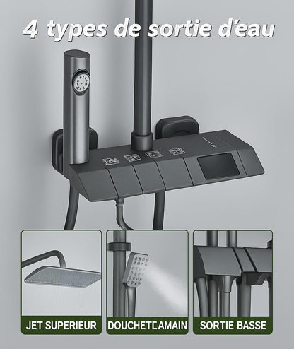 Colonne de douche |Système de Douche Thermostatique à Affichage Numérique – Colonne de Douche Pluie Style Piano Gris avec Mitigeur Digital & Bidet