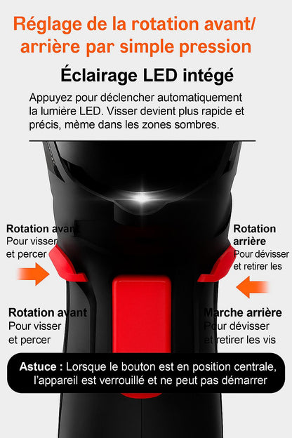 Réglage rotation avant arrière de Tournevis electrique noir-rouge , éclairage de la led