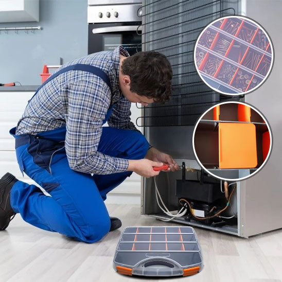 reparateur electromenager  Malette a outils  cloisons amovibles couvercle transparent  frigo blanc