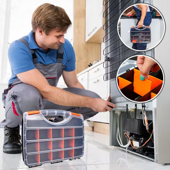 réparateur electromenager Malette a outils cloisons amovibles  couvercle transparent frigo blanc