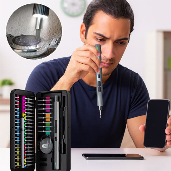 reparateur tient tournevis sans fil , repare smartphone avec tournevis , montre eclairee par LED du tournevis