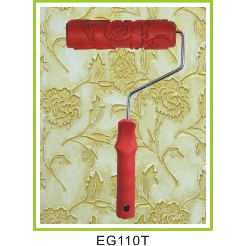 Rouleau peinture décoratif rouge à motifs pour créer des textures murales sur mur decore en vert jaunatre