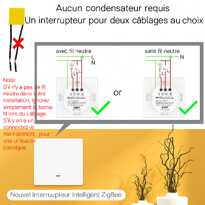 schema electrique interrupteur sans condensateur,  avec et sans fil de neutre