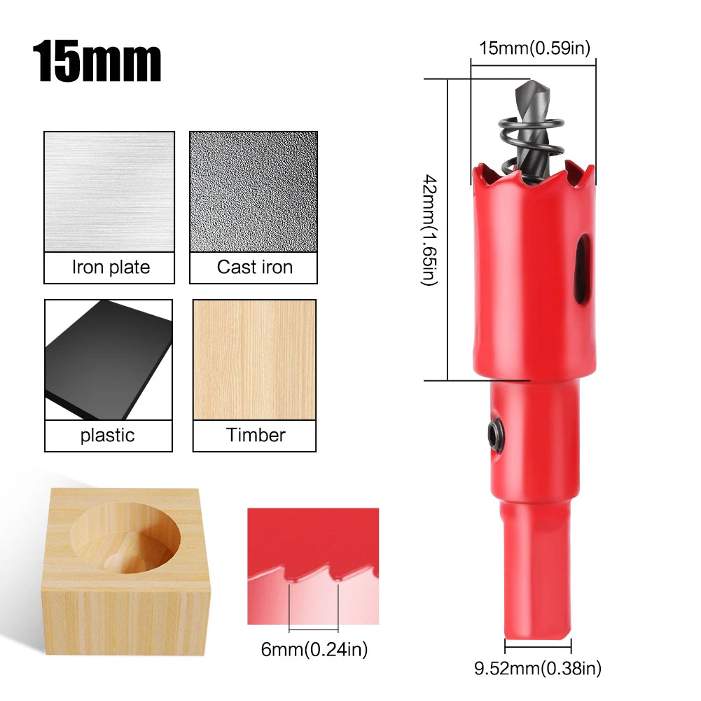 scie cloche bimetallique M42 HSS 15mm rouge avec foret centrage ressort ejecteur dimensions