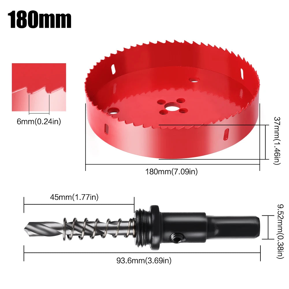 scie cloche bimetallique M42 HSS 180mm rouge avec foret centrage ressort ejecteur dimensions