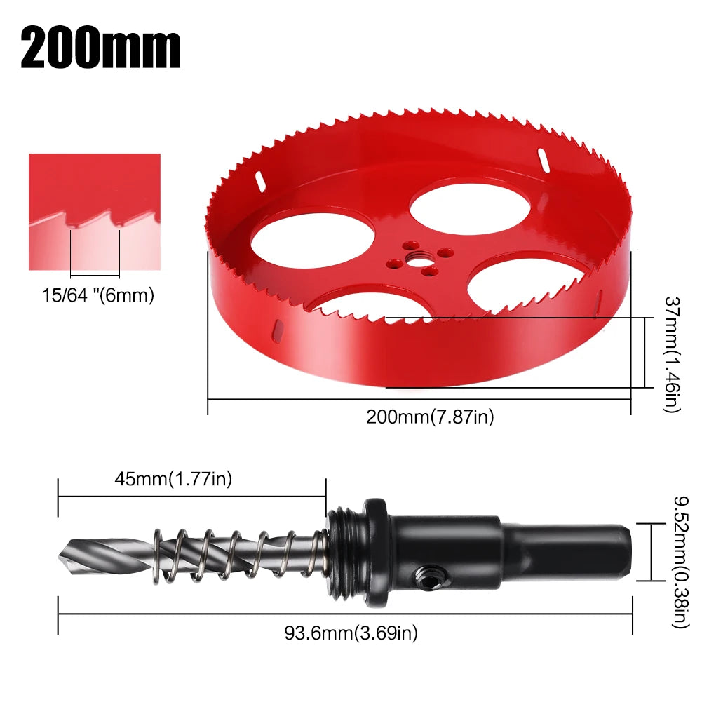scie cloche bimetallique M42 HSS 200mm rouge avec foret centrage ressort ejecteur dimensions