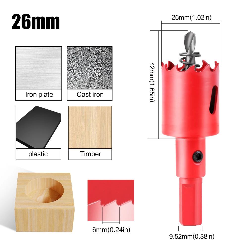 scie cloche bimetallique M42 HSS 26mm rouge avec foret centrage ressort ejecteur dimensions
