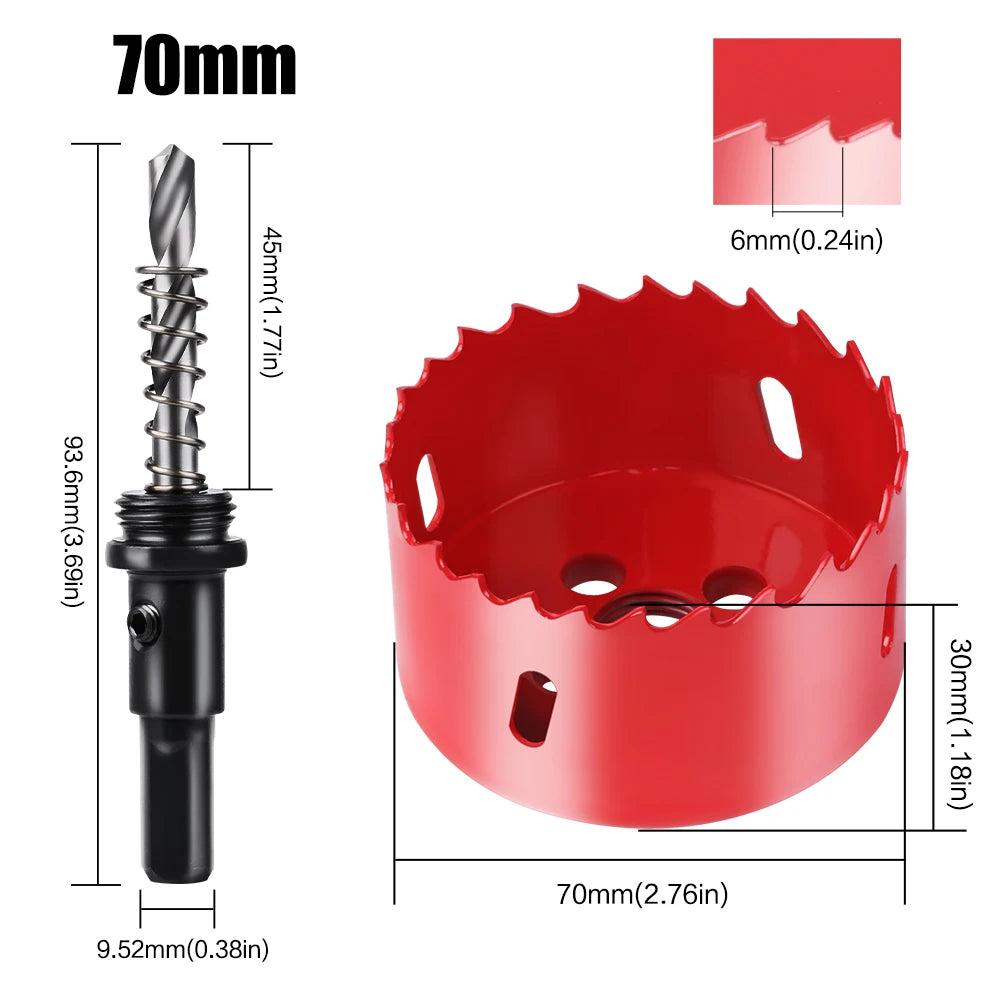 scie cloche bimetallique M42 HSS 70mm rouge avec foret centrage ressort ejecteur dimensions