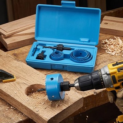 Kit scie cloche bleu deux mandrins noirs dans boite plastique bleue scie cloche perceuse jaune decoupe trous planche sur etabli atelier