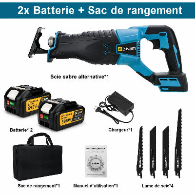 scie sabre électrique, sans fil, sac noir , deux batteries Makita 18V et   quatre lames bois, acier et pvc