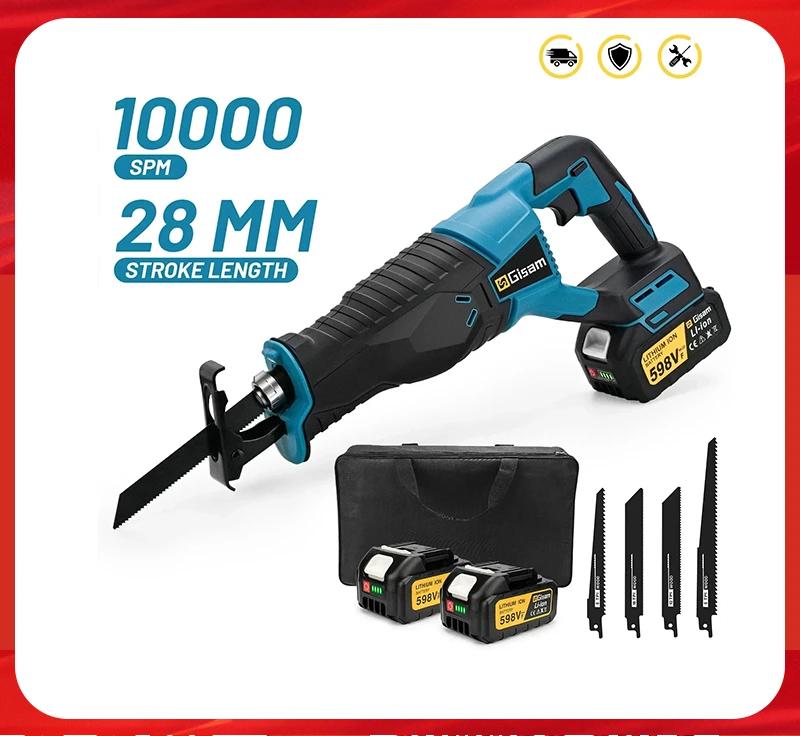 scie sabre électrique, sans fil, sac noir , deux batteries Makita 18V et   quatre lames bois, acier et pvc
