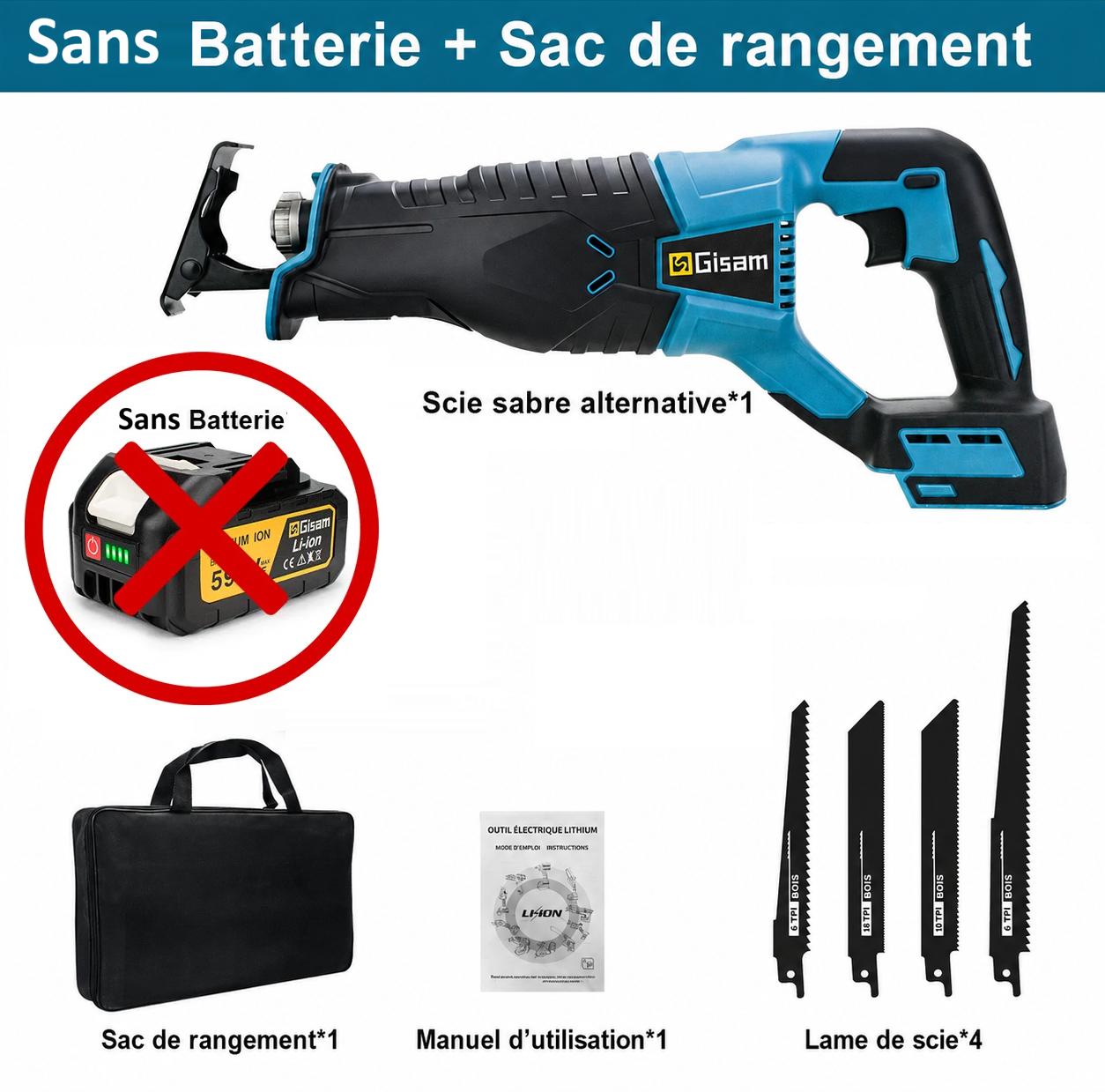 scie sabre électrique, sans fil, sac noir , sans batterie, quatre lames bois, acier et pvc