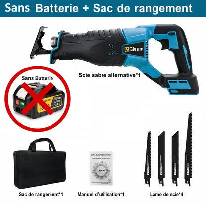 scie sabre électrique, sans fil, sac noir , sans batterie, quatre lames bois, acier et pvc