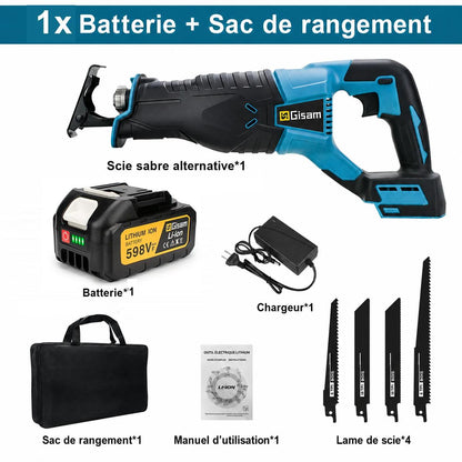 scie sabre électrique, sans fil, sac noir , une batterie Makita 18V et quatre lames bois, acier et pvc