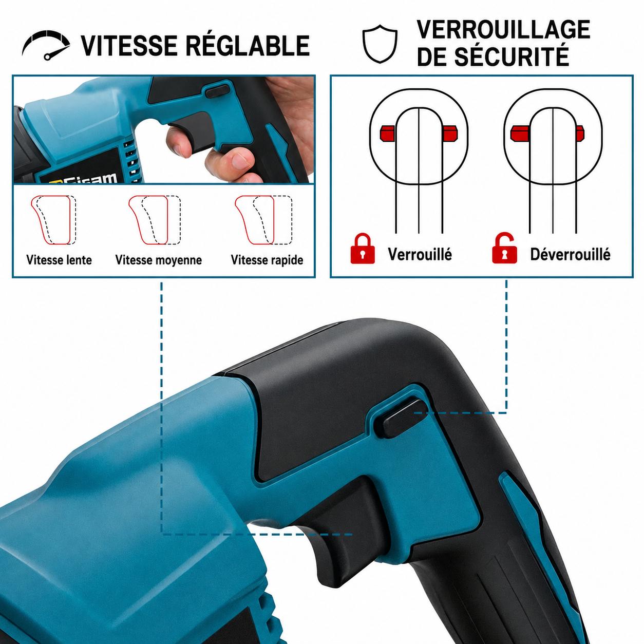 scie sabre électrique, sans fil,vitesse réglable et verouillage de sécurité, bois, acier et pvc