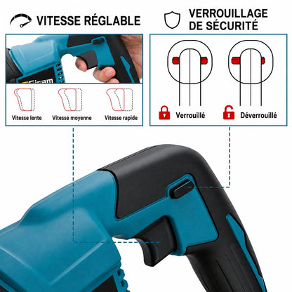 scie sabre électrique, sans fil,vitesse réglable et verouillage de sécurité, bois, acier et pvc