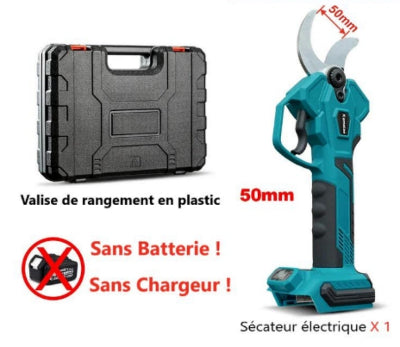 Sécateur électrique sans fil avec mallette de rangement et capacité de coupe jusqu’à 50 mm
