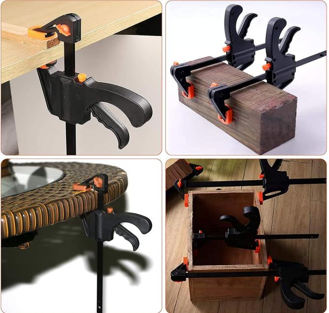 Quatre utilisations d'un serre-joint à barre en F : fixation sur établi, collage de bloc bois, bord de table en rotin et assemblage de caisson