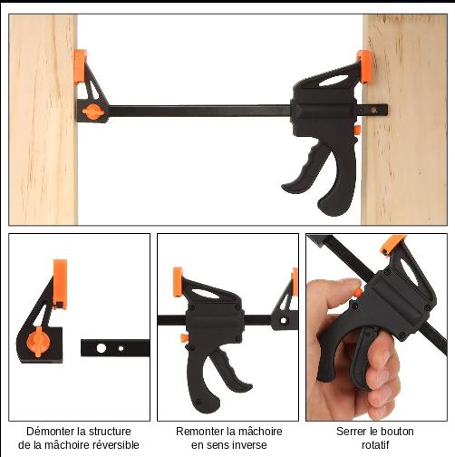 serre joint de serrage rapide avec mâchoire réversible et bouton rotatif
