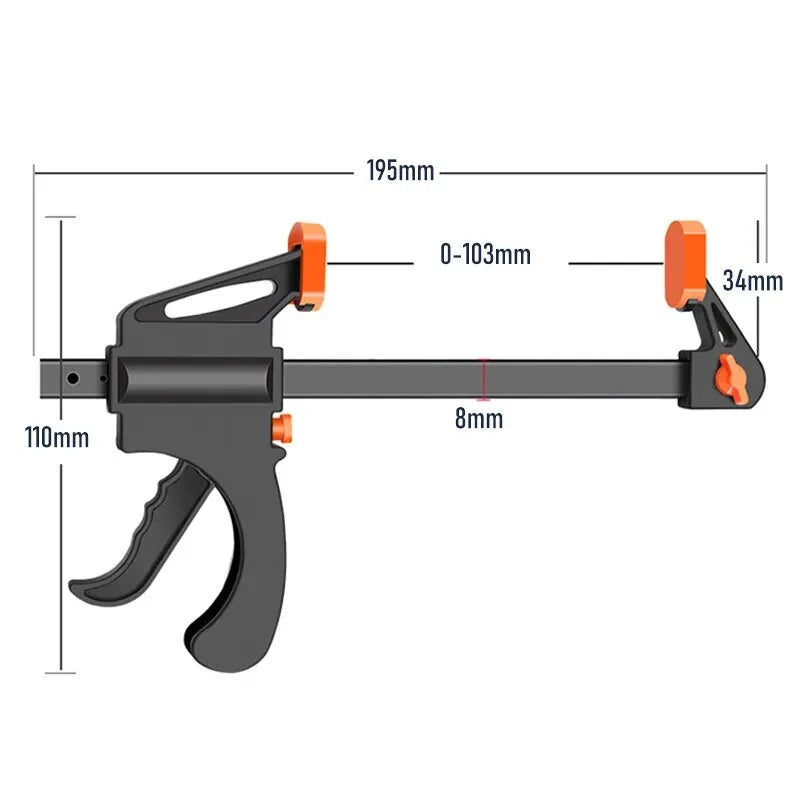 Dimensions du serre joint de serrage rapide 4 pouces : longueur 195 mm, ouverture 0 à 103 mm, hauteur 110 mm