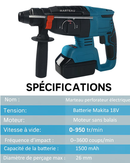 Spécifications perceuse a percussion noire et bleue avec batterie, marteau perforateur