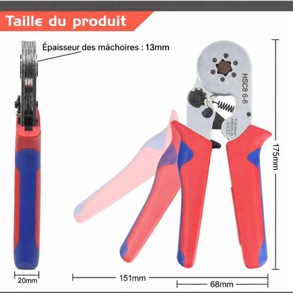 taille Dimensions pince a sertir electrique poignee rouge bleue
