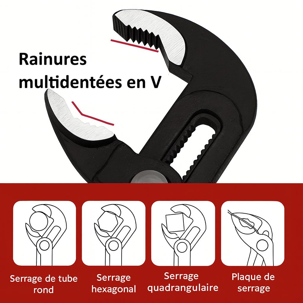 Têtes pince multiprise noire serre tube  serrage hexagonal, quadrangulaire, plaque serrage,rainures multidentees en V