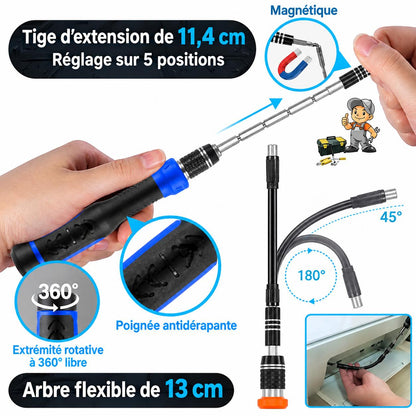Tige d’extension flexible pour tournevis avec embout magnétique, poignée antidérapante et rotation à 360°