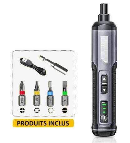 Tournevis électrique avec quatre embouts et un câble USB