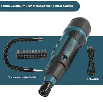 Tournevis électrique sans fil  lithium 3,6V professionnel avec 10 embouts et arbre flexible de transmission, câble USB inclus