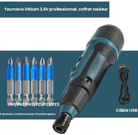 Tournevis électrique sans fil  lithium 3,6V professionnel avec 6 embouts cruciformes acier S2 et câble USB
