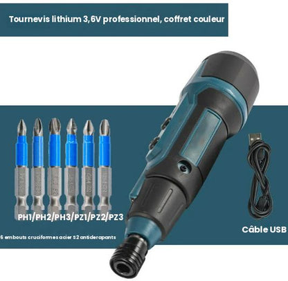Tournevis électrique sans fil  lithium 3,6V professionnel avec 6 embouts cruciformes acier S2 et câble USB