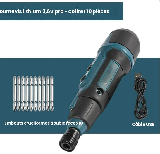 Tournevis électrique sans fil lithium 3,6V professionnel avec coffret de 10 embouts cruciformes double face et câble USB