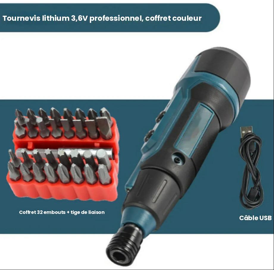 Tournevis électrique sans fil lithium 3,6V professionnel avec coffret de 32 embouts et tige de liaison, câble USB inclus