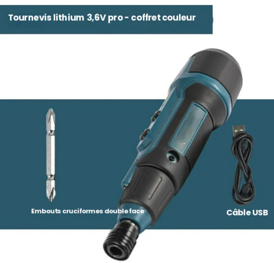 Tournevis électrique sans fil lithium 3,6V professionnel avec embouts cruciformes double face et câble USB