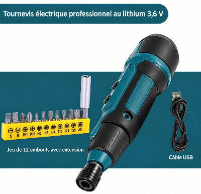 Tournevis électrique sans fil au lithium 3,6 V avec 12 embouts et câble USB