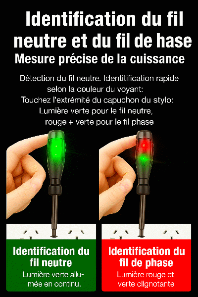 tournevis electrique testeur du fil neutre voyant vert fil  phase voyant rouge vert clignotant