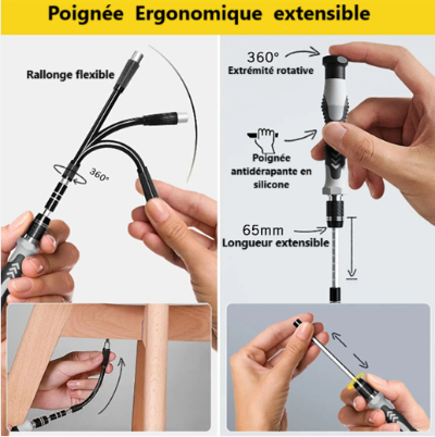 Tournevis extensible avec poignée antidérapante, rallonge flexible 360°, embout rotatif, idéal pour zones difficiles