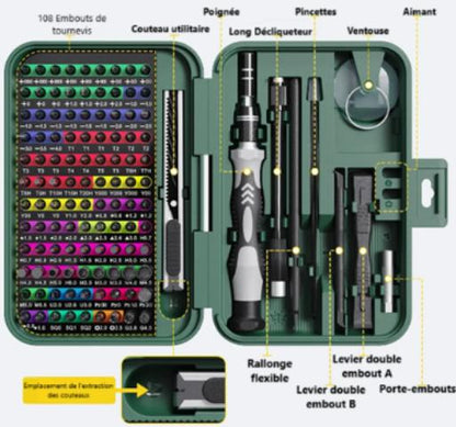 Kit de tournevis de précision 132 en un avec embouts magnétiques, poignée ergonomique et boîte de rangement noire pour réparation électronique et bricolage.