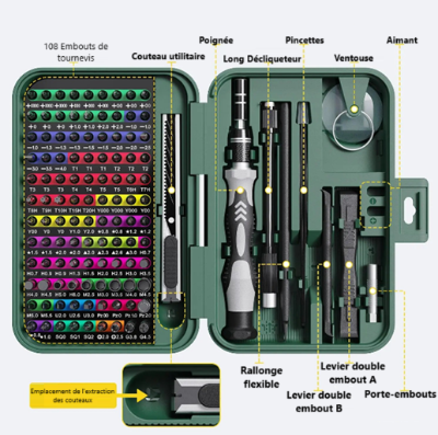 Kit de tournevis de précision cent trente-deux en un avec embouts magnétiques, poignée ergonomique et boîte de rangement verte pour réparation électronique et bricolage.