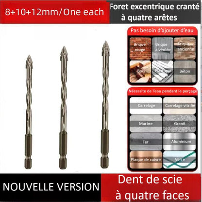 trois Foret perceuse excentrique  quatre  aretes en alliage 8mm 10mm 12mm