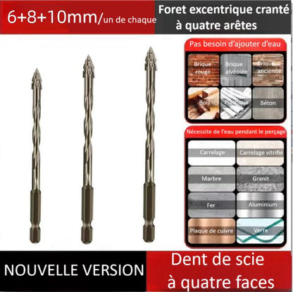 trois Foret perceuse excentrique  quatre  aretes en alliage 6mm 8mm 10mm